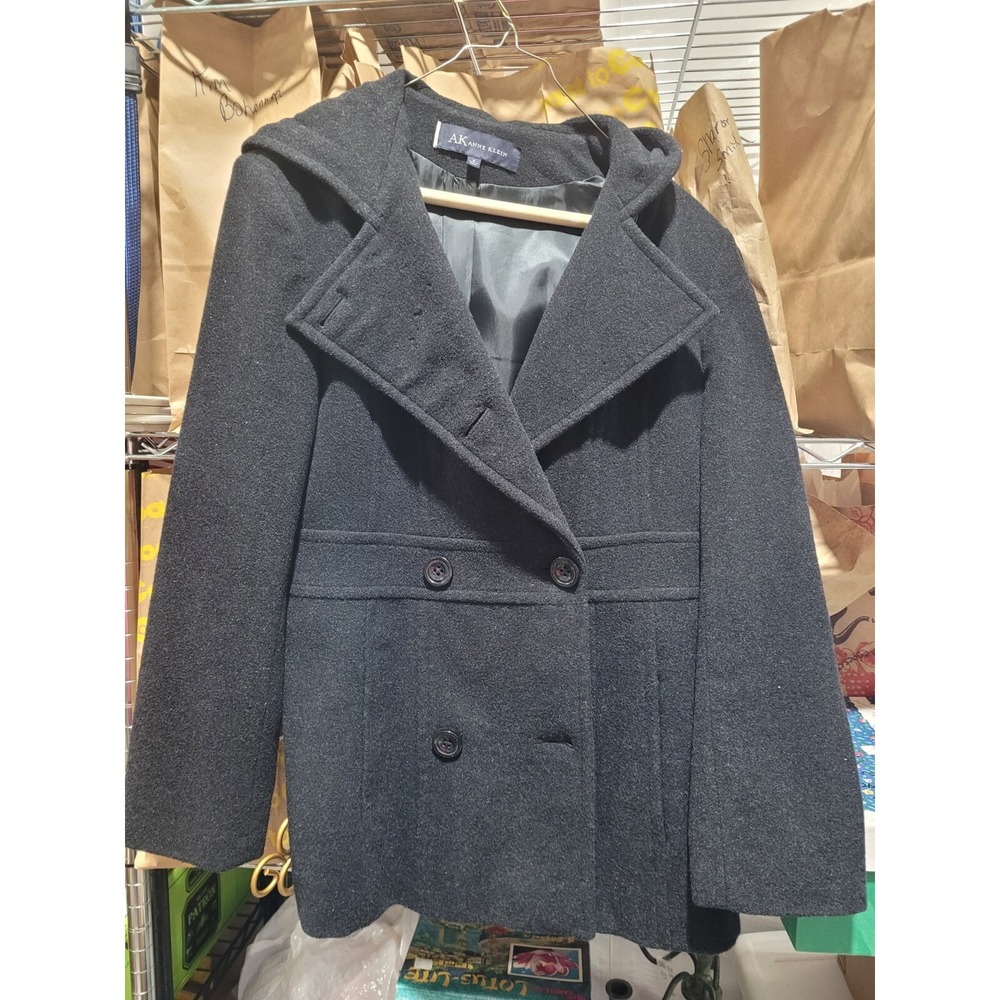 Anne Klein Hooded Wool Double Breasted Charcoal Gray Pea Coat Small